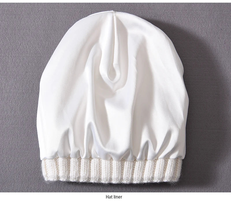 Winter Silk Satin Lined Beanie Hats Women Men Unisex Thick Chunky Cap Striped Warm Soft High Quality Cashmere Knitted Beanie Hat