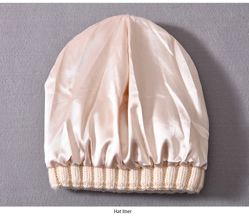 Winter Silk Satin Lined Beanie Hats Women Men Unisex Thick Chunky Cap Striped Warm Soft High Quality Cashmere Knitted Beanie Hat
