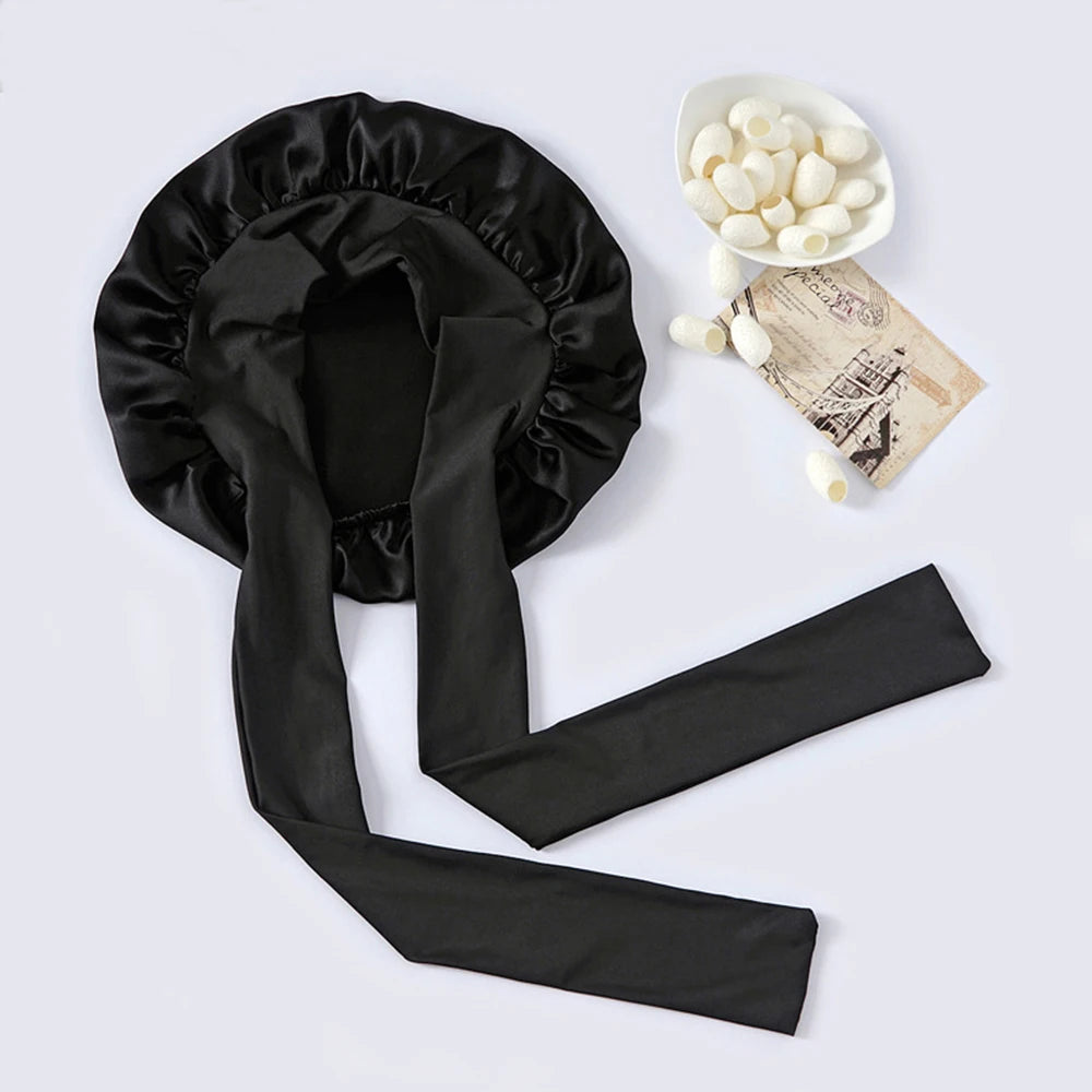 100% Mulberry Silk Sleeping Bonnet for Women Large Sleep Cap with Wide Elastic Tie Band for Curly Dreadlock Braid Hair Care