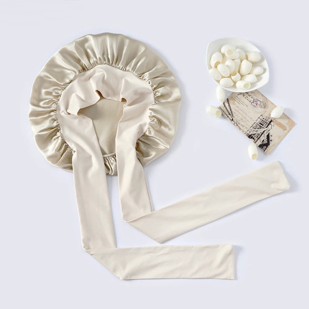 100% Mulberry Silk Sleeping Bonnet for Women Large Sleep Cap with Wide Elastic Tie Band for Curly Dreadlock Braid Hair Care