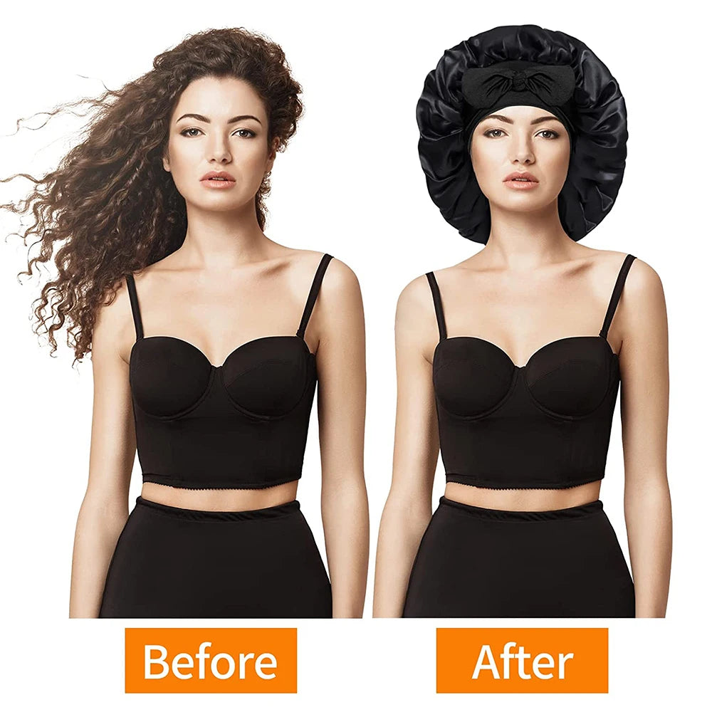 100% Mulberry Silk Sleeping Bonnet for Women Large Sleep Cap with Wide Elastic Tie Band for Curly Dreadlock Braid Hair Care