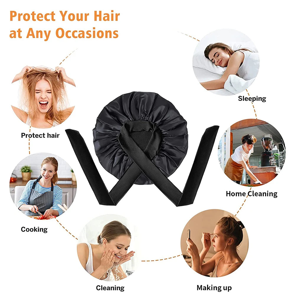 100% Mulberry Silk Sleeping Bonnet for Women Large Sleep Cap with Wide Elastic Tie Band for Curly Dreadlock Braid Hair Care
