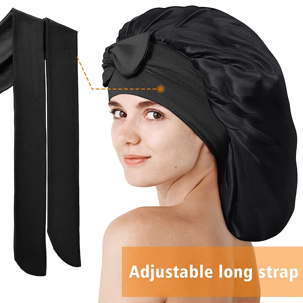 100% Mulberry Silk Sleeping Bonnet for Women Large Sleep Cap with Wide Elastic Tie Band for Curly Dreadlock Braid Hair Care