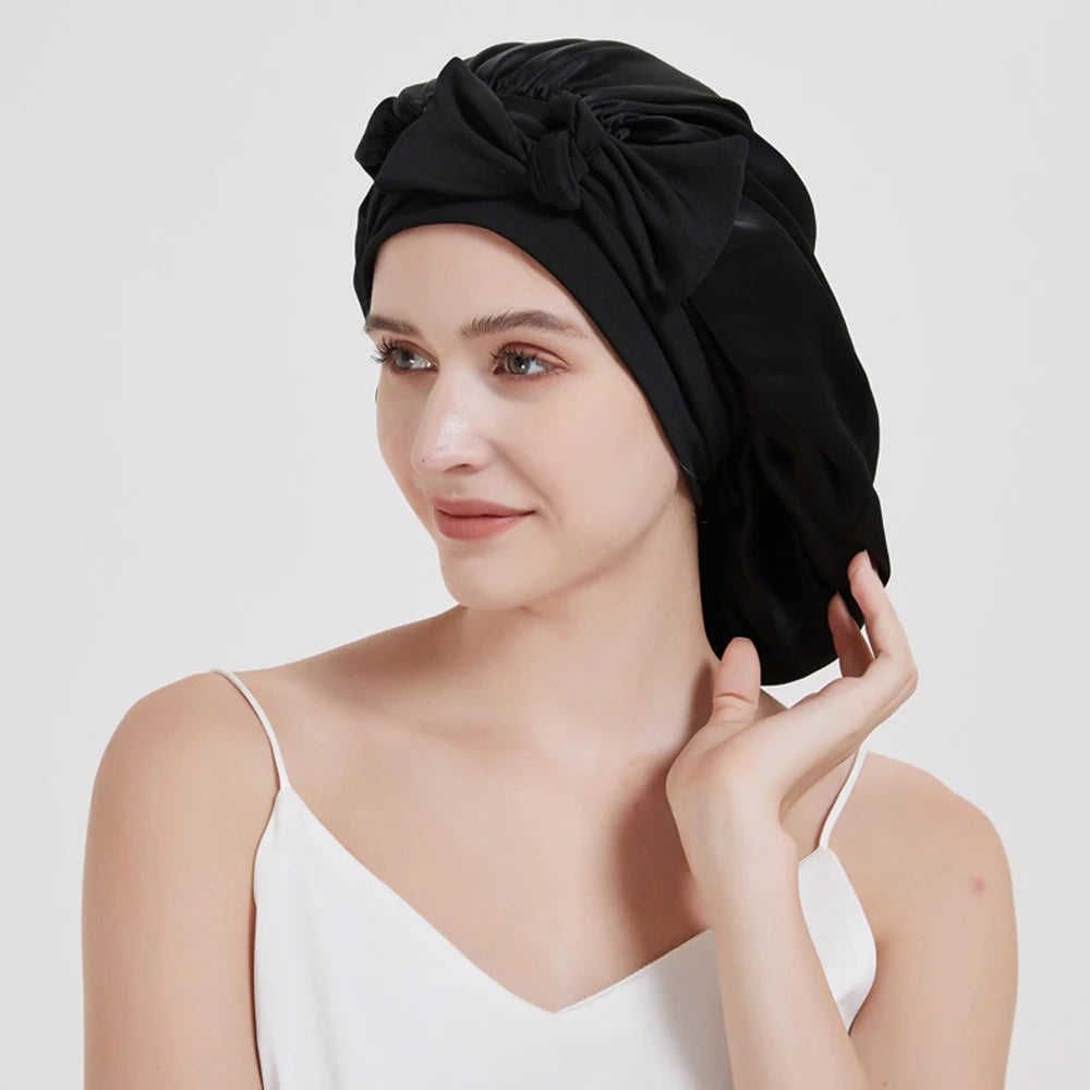 100% Mulberry Silk Sleeping Bonnet for Women Large Sleep Cap with Wide Elastic Tie Band for Curly Dreadlock Braid Hair Care