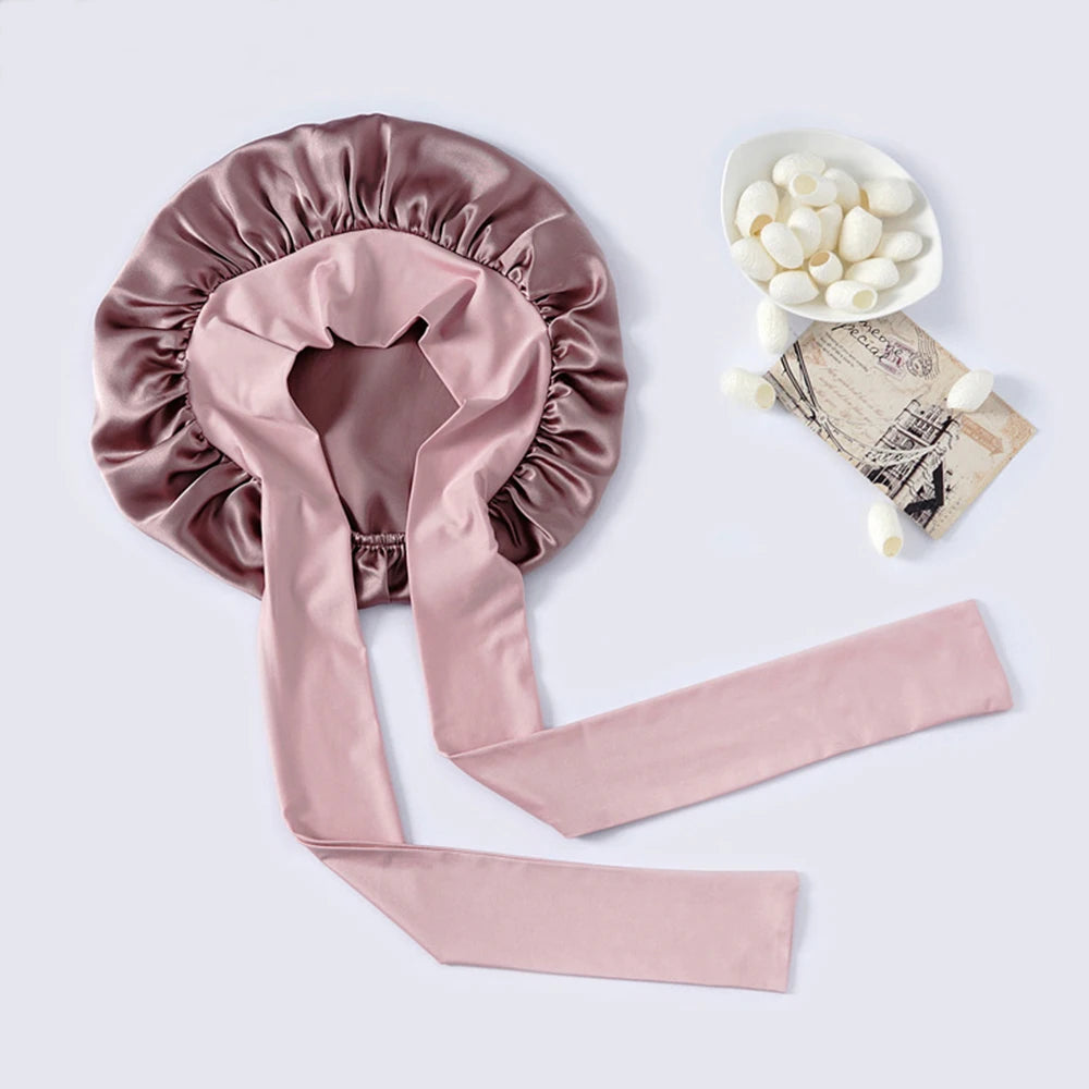 100% Mulberry Silk Sleeping Bonnet for Women Large Sleep Cap with Wide Elastic Tie Band for Curly Dreadlock Braid Hair Care