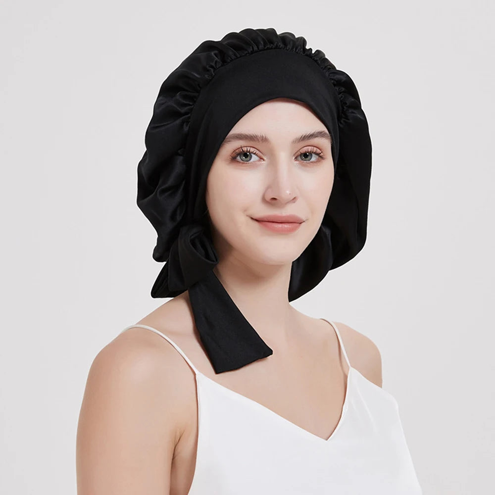 100% Mulberry Silk Sleeping Bonnet for Women Large Sleep Cap with Wide Elastic Tie Band for Curly Dreadlock Braid Hair Care