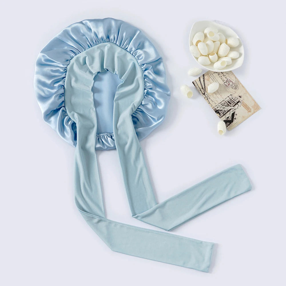 100% Mulberry Silk Sleeping Bonnet for Women Large Sleep Cap with Wide Elastic Tie Band for Curly Dreadlock Braid Hair Care