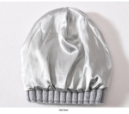 Winter Silk Satin Lined Beanie Hats Women Men Unisex Thick Chunky Cap Striped Warm Soft High Quality Cashmere Knitted Beanie Hat