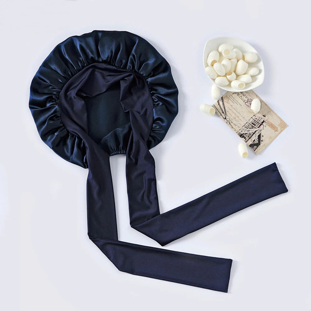 100% Mulberry Silk Sleeping Bonnet for Women Large Sleep Cap with Wide Elastic Tie Band for Curly Dreadlock Braid Hair Care